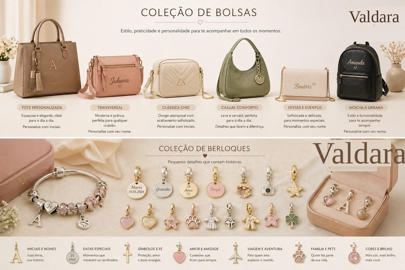 Coleção de Bolsas e Berloques Valdara - Totes, Transversais, Clutches, Mochilas e Berloques Personalizados
